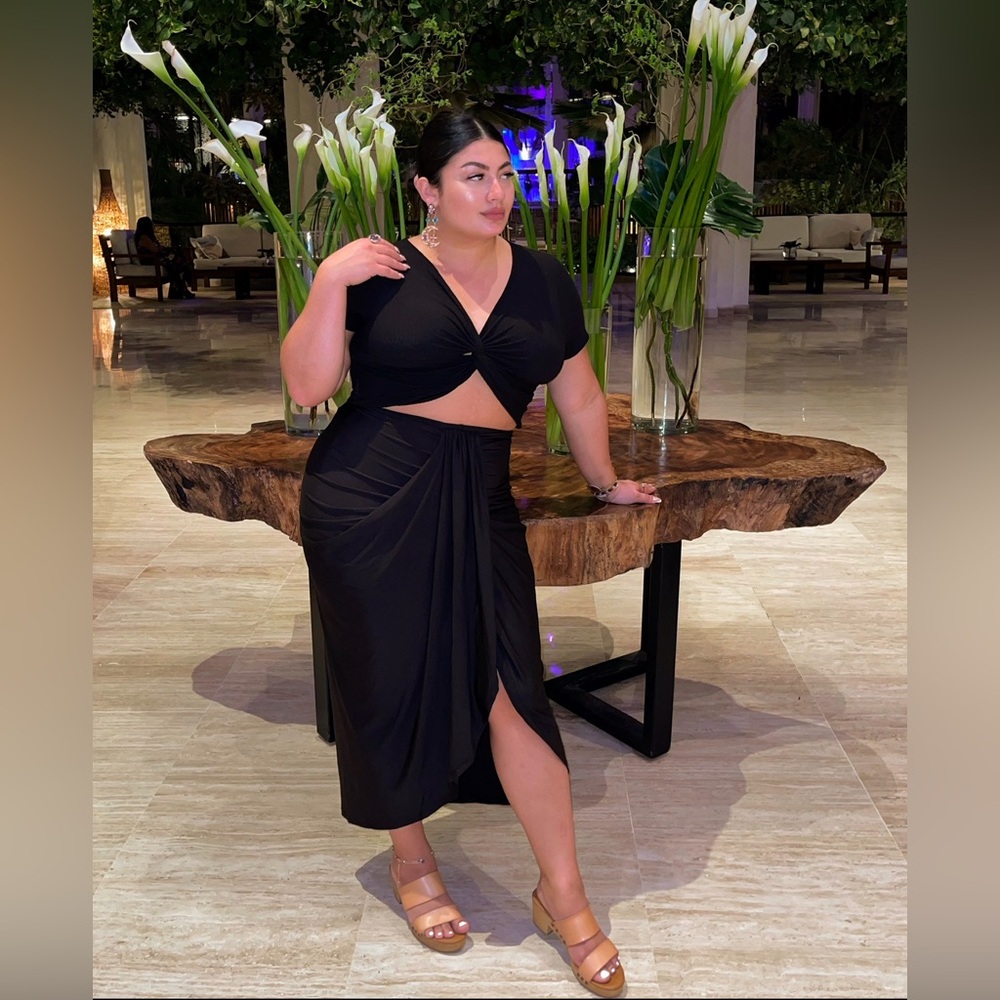 Black Slit Wrap Asymmetrical Elastic High Waist Maxi Draped Skirt Women’s L